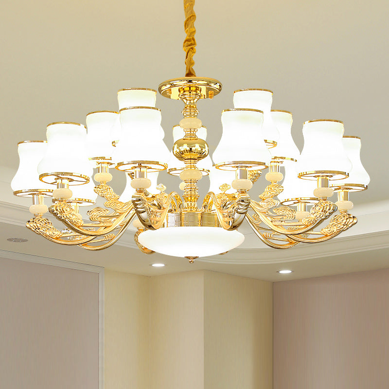 Gold Finish Decke Kronleuchter Übergang weißer Glas Kurve Schatten Anhänger Beleuchtung