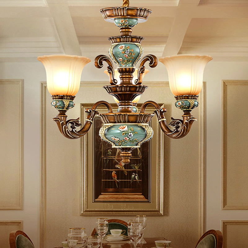 Retro Bell Hanging Ceiling Light Frosted Glass Chandelier Lamp in Blackish Green