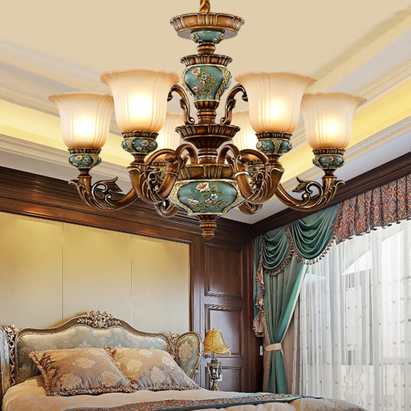 Retro Bell Hanging Ceiling Light Frosted Glass Chandelier Lamp in Blackish Green