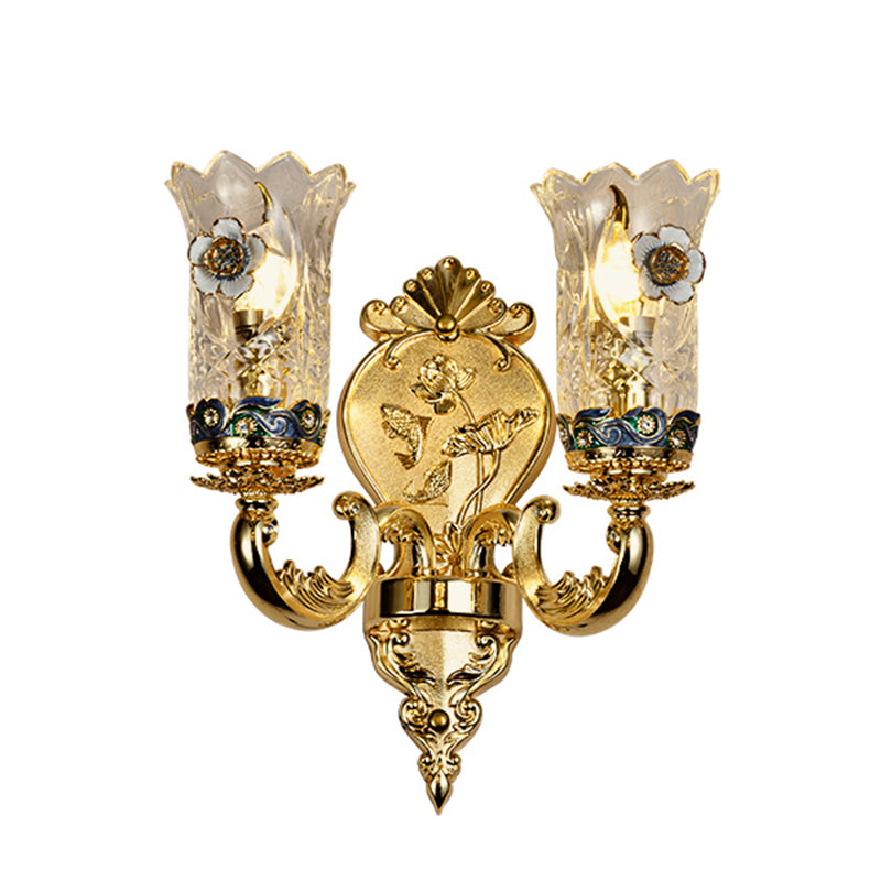 Gold Plated Sconce Lighting Antique Carved Glass Floral Wall Mount Lamp for Foyer