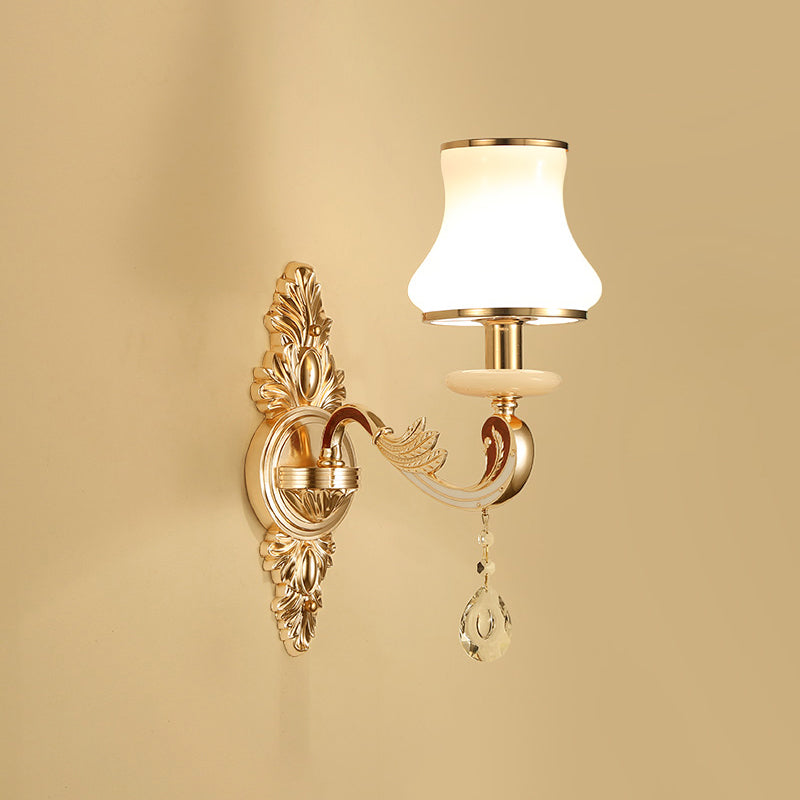 Flared Sconce Lamp Retro Style Gold Milk Glass Wall Mount Light with Crystal Droplet