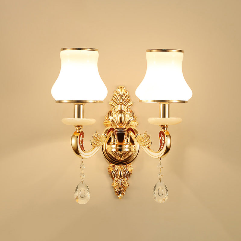 Flared Sconce Lamp Retro Style Gold Milk Glass Wall Mount Light with Crystal Droplet