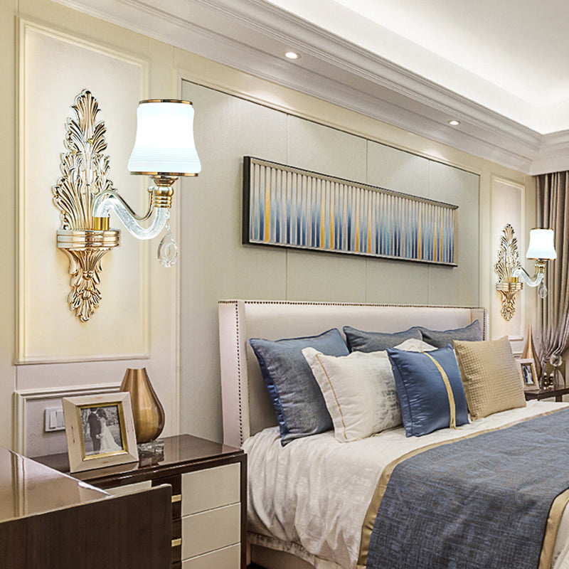 Gold Flared Wall Mount Lighting Traditional White Glass Living Room Sconce with Illuminated Arm