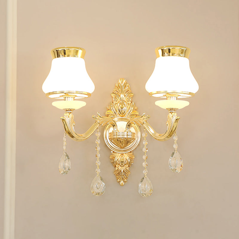 Gold Carved Arm Wall Sconce Light Traditional Metal Bedroom Wall Light with White Lampshade