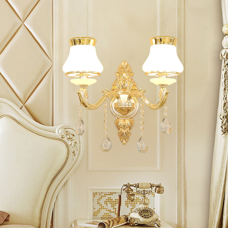 Gold Carved Arm Wall Sconce Light Traditional Metal Bedroom Wall Light with White Lampshade