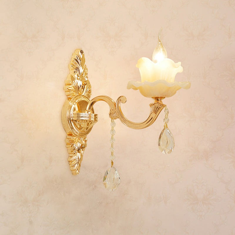 Gold Carved Arm Wall Sconce Light Traditional Metal Bedroom Wall Light with White Lampshade