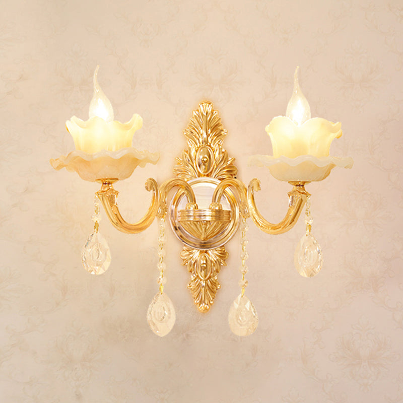 Gold Carved Arm Wall Sconce Light Traditional Metal Bedroom Wall Light with White Lampshade
