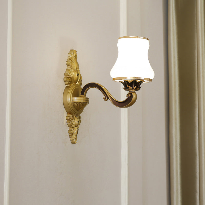 Gold Carved Arm Wall Sconce Light Traditional Metal Bedroom Wall Light with White Lampshade