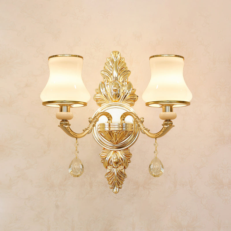 Gold Carved Arm Wall Sconce Light Traditional Metal Bedroom Wall Light with White Lampshade