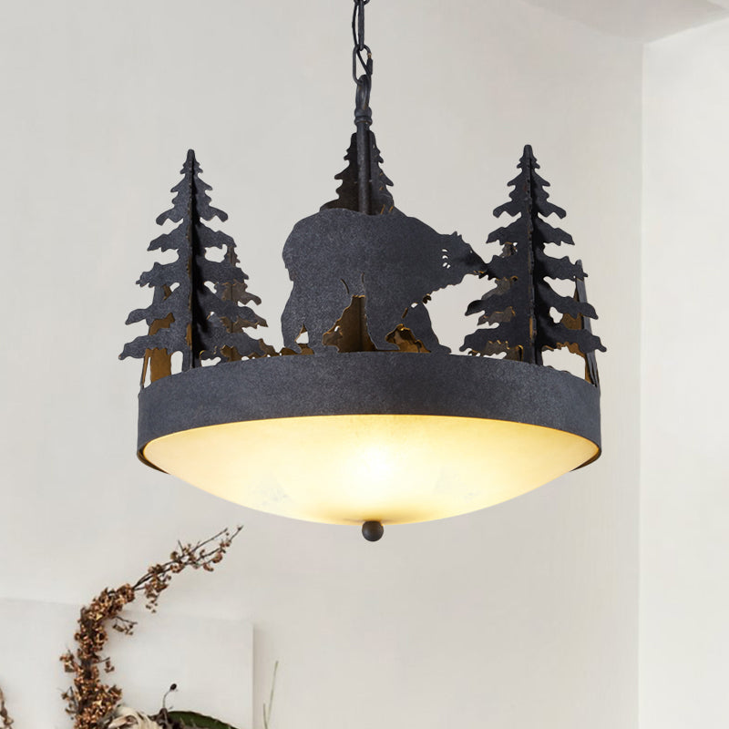 Frosted Glass Bowl Hanging Chandelier Country 3 Lights Living Room Pendant Light in Black with Tree and Bear