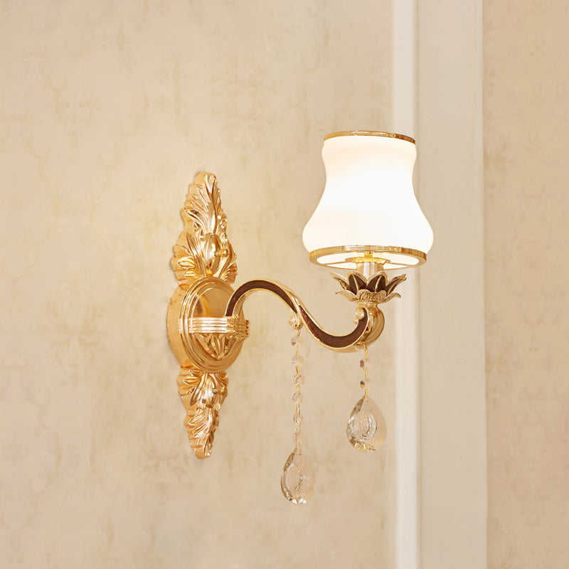 Gold Carved Arm Wall Sconce Light Traditional Metal Bedroom Wall Light with White Lampshade