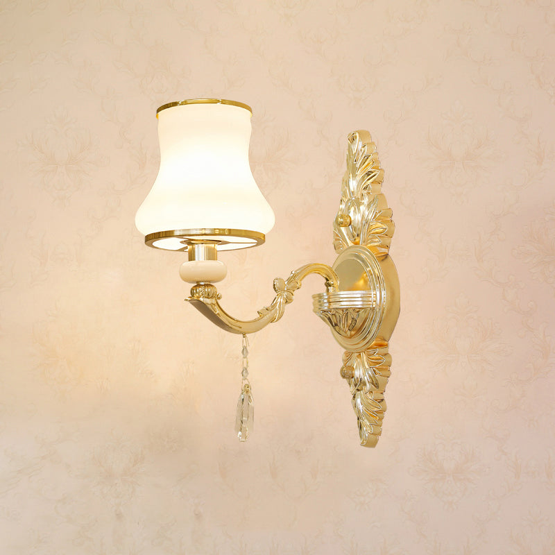Gold Carved Arm Wall Sconce Light Traditional Metal Bedroom Wall Light with White Lampshade