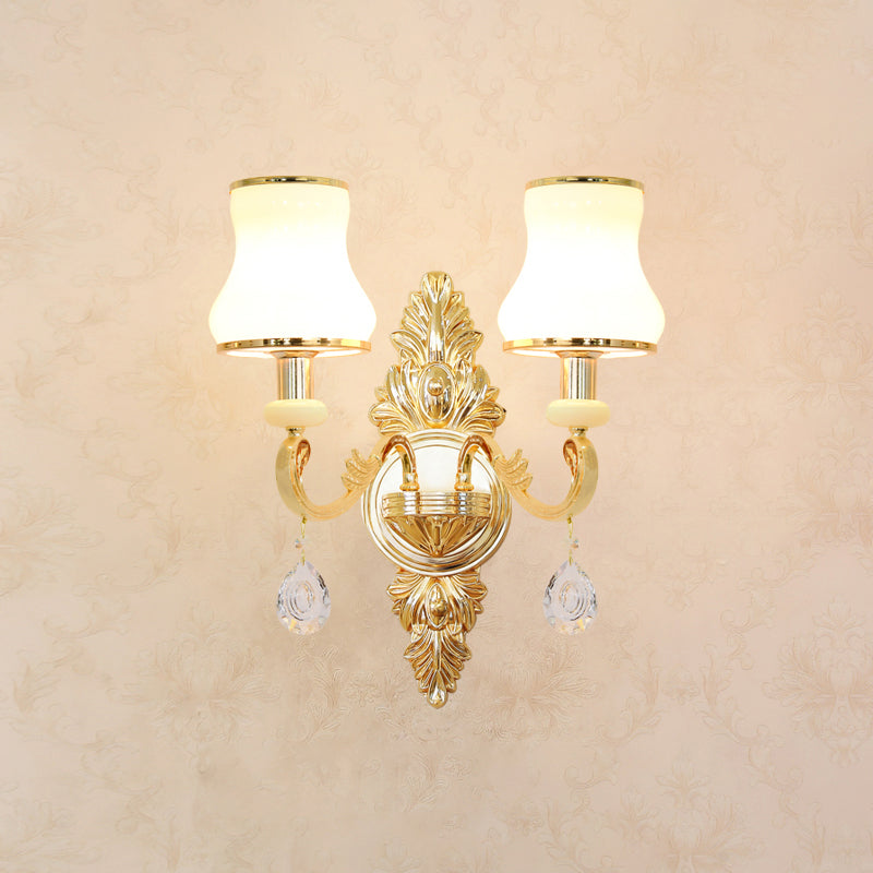 Gold Carved Arm Wall Sconce Light Traditional Metal Bedroom Wall Light with White Lampshade
