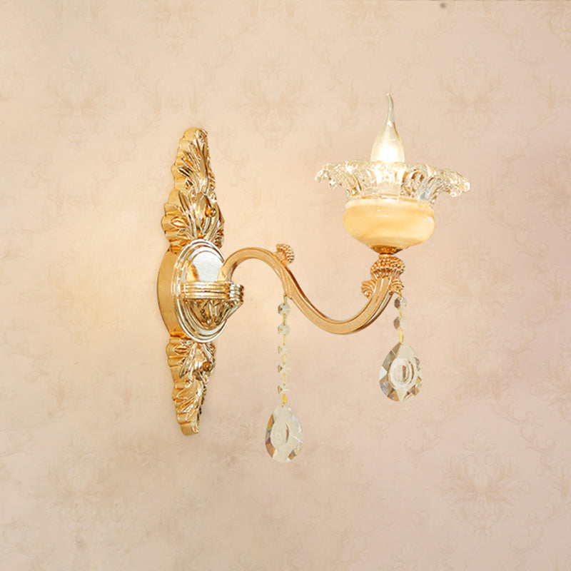 Gold Carved Arm Wall Sconce Light Traditional Metal Bedroom Wall Light with White Lampshade