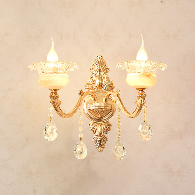 Gold Carved Arm Wall Sconce Light Traditional Metal Bedroom Wall Light with White Lampshade