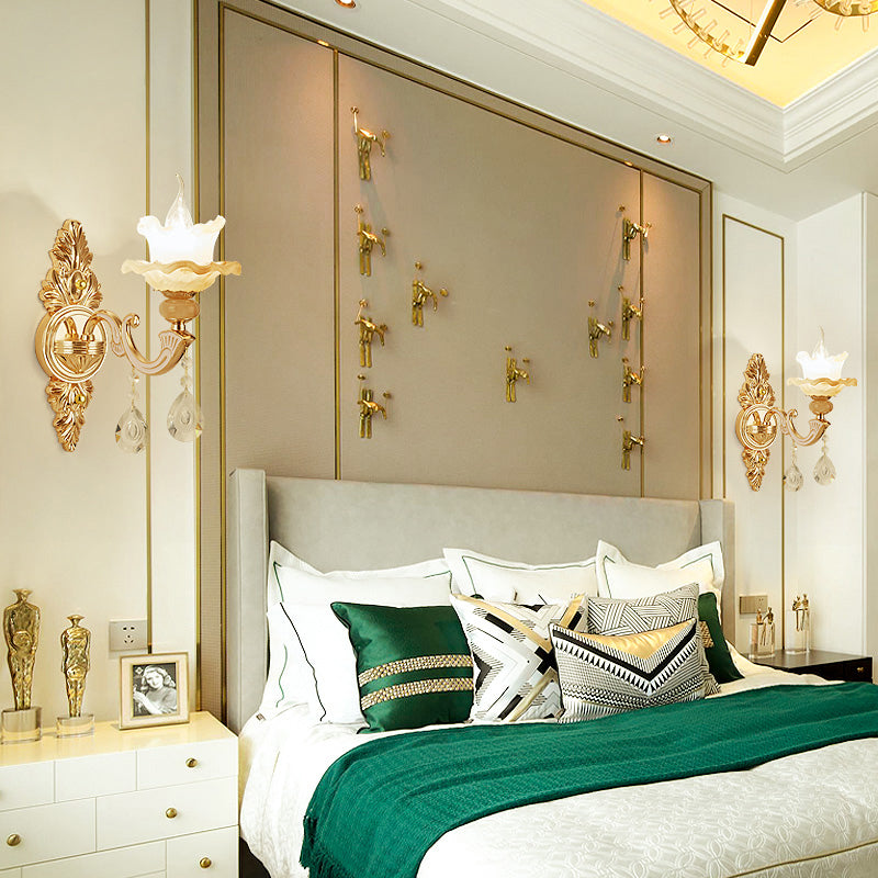 Frosted Glass Lotus Shaped Wall Mount Light Vintage Living Room Sconce Lighting in Gold