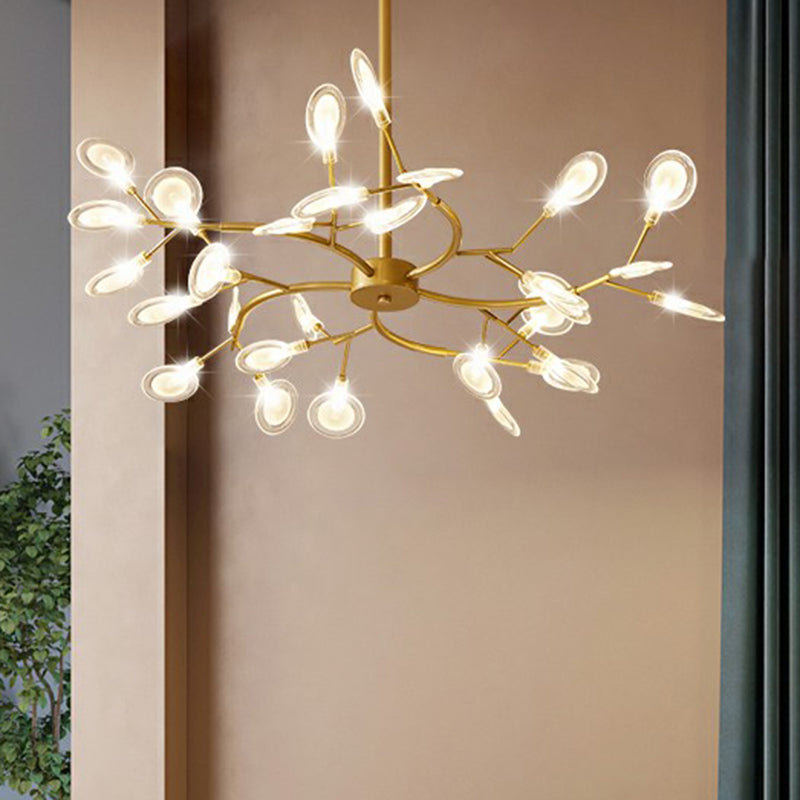 Postmodern Style 30-Light Chandelier Brass Firefly Hanging Light with Acrylic Shade
