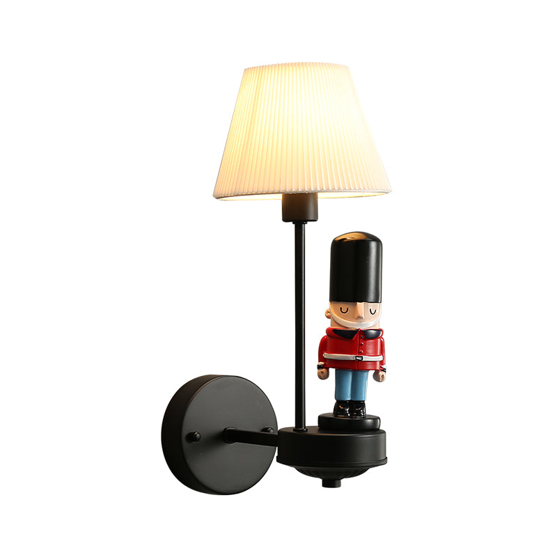 Pleated Fabric Tapered Wall Light Cartoon 1-Light Wall Sconce Lamp with Soldier Decoration in Black