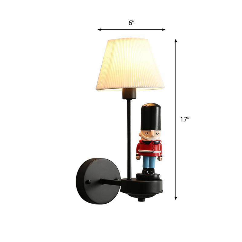 Pleated Fabric Tapered Wall Light Cartoon 1-Light Wall Sconce Lamp with Soldier Decoration in Black