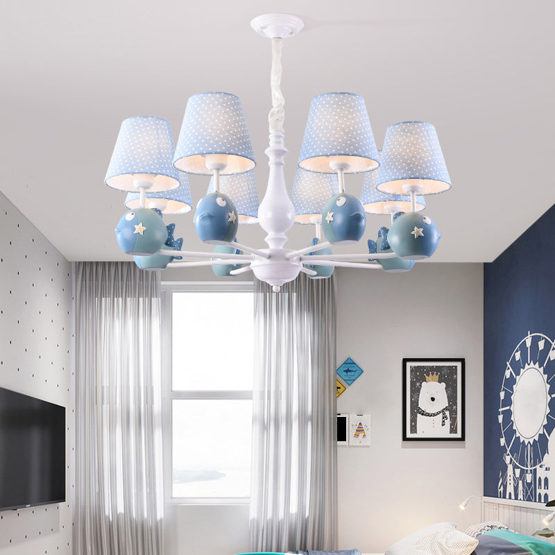 Cartoon Chandelier Lighting White Conical Suspension Light with Tapered Fabric Shade for Kids Room