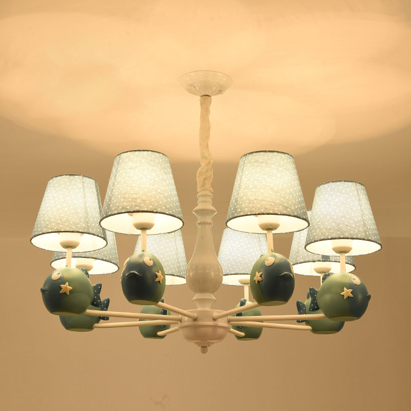 Cartoon Chandelier Lighting White Conical Suspension Light with Tapered Fabric Shade for Kids Room