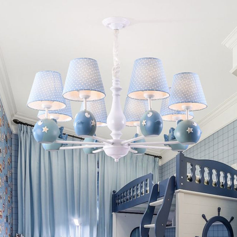 Cartoon Chandelier Lighting White Conical Suspension Light with Tapered Fabric Shade for Kids Room