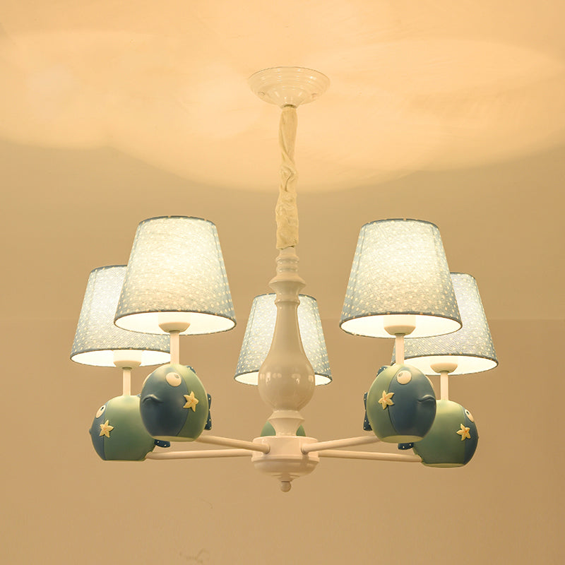 Cartoon Chandelier Lighting White Conical Suspension Light with Tapered Fabric Shade for Kids Room