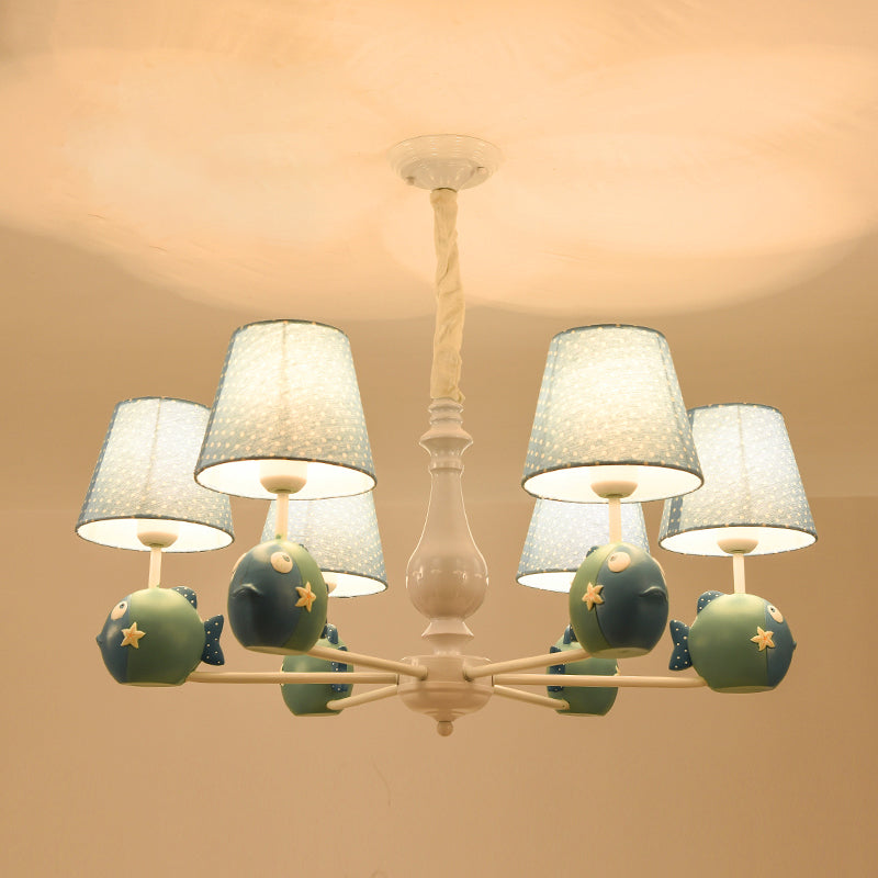 Cartoon Chandelier Lighting White Conical Suspension Light with Tapered Fabric Shade for Kids Room