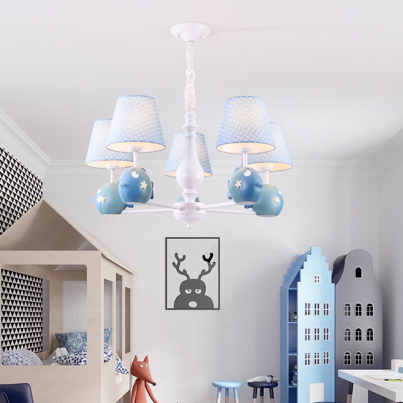 Cartoon Chandelier Lighting White Conical Suspension Light with Tapered Fabric Shade for Kids Room