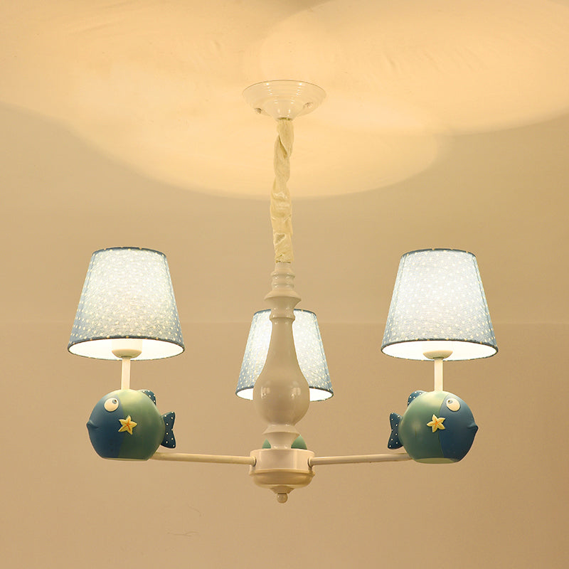 Cartoon Chandelier Lighting White Conical Suspension Light with Tapered Fabric Shade for Kids Room