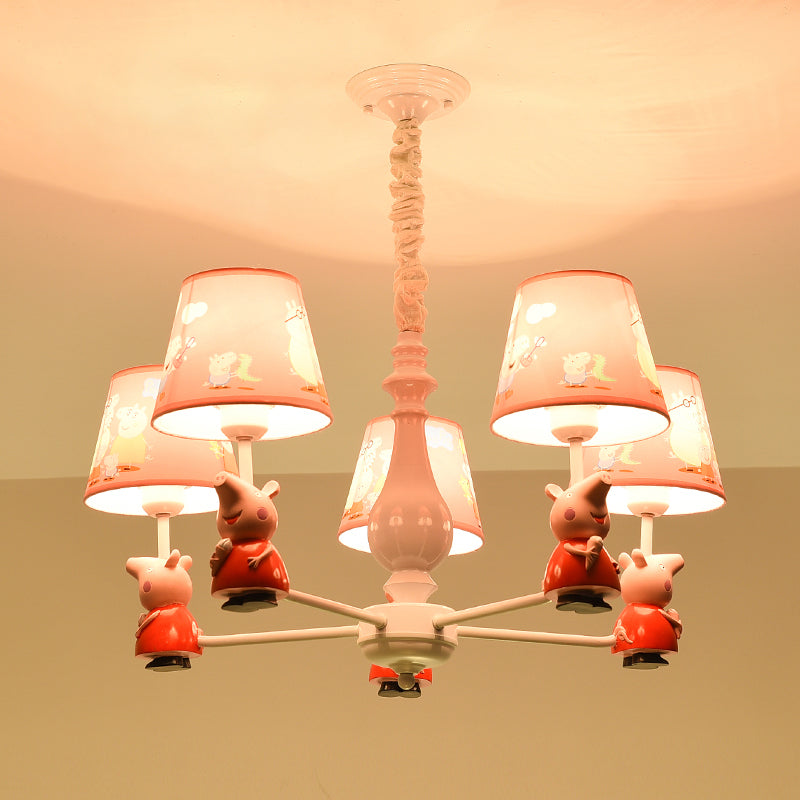 Cartoon Chandelier Lighting White Conical Suspension Light with Tapered Fabric Shade for Kids Room