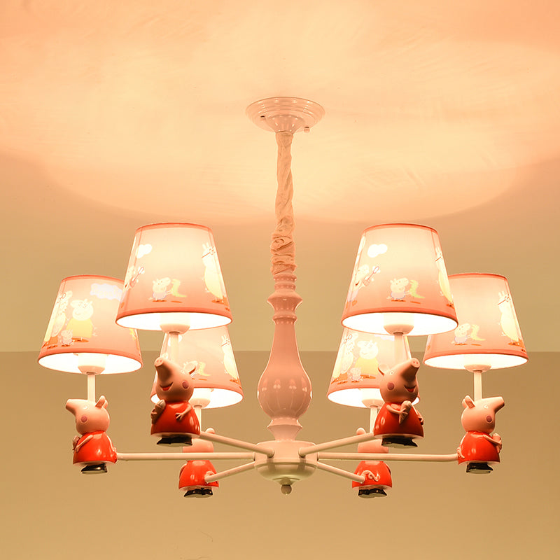 Cartoon Chandelier Lighting White Conical Suspension Light with Tapered Fabric Shade for Kids Room