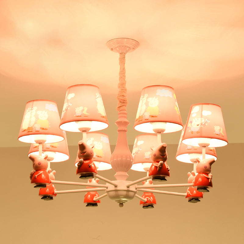 Cartoon Chandelier Lighting White Conical Suspension Light with Tapered Fabric Shade for Kids Room