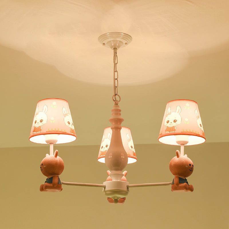 Cartoon Chandelier Lighting White Conical Suspension Light with Tapered Fabric Shade for Kids Room