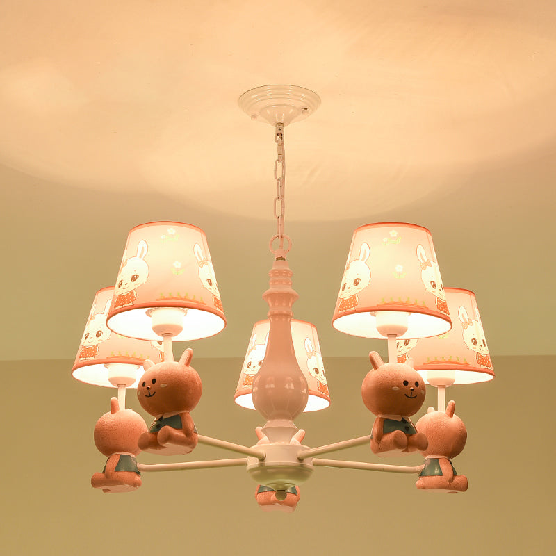 Cartoon Chandelier Lighting White Conical Suspension Light with Tapered Fabric Shade for Kids Room