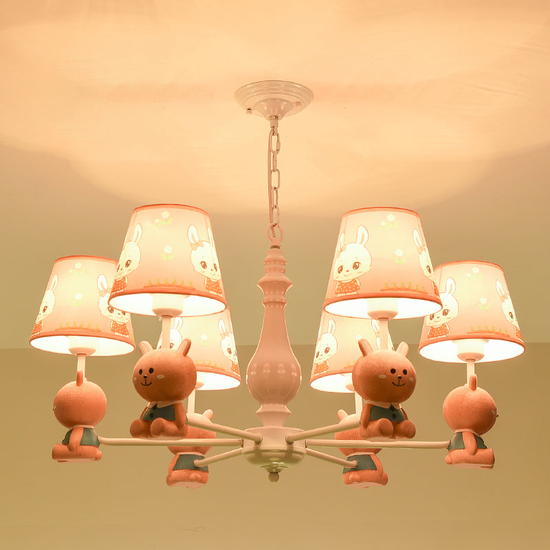 Cartoon Chandelier Lighting White Conical Suspension Light with Tapered Fabric Shade for Kids Room