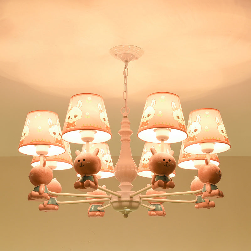 Cartoon Chandelier Lighting White Conical Suspension Light with Tapered Fabric Shade for Kids Room