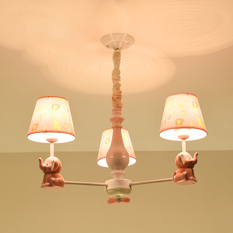 Cartoon Chandelier Lighting White Conical Suspension Light with Tapered Fabric Shade for Kids Room