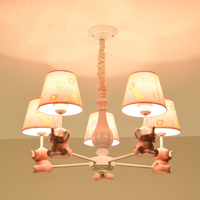 Cartoon Chandelier Lighting White Conical Suspension Light with Tapered Fabric Shade for Kids Room