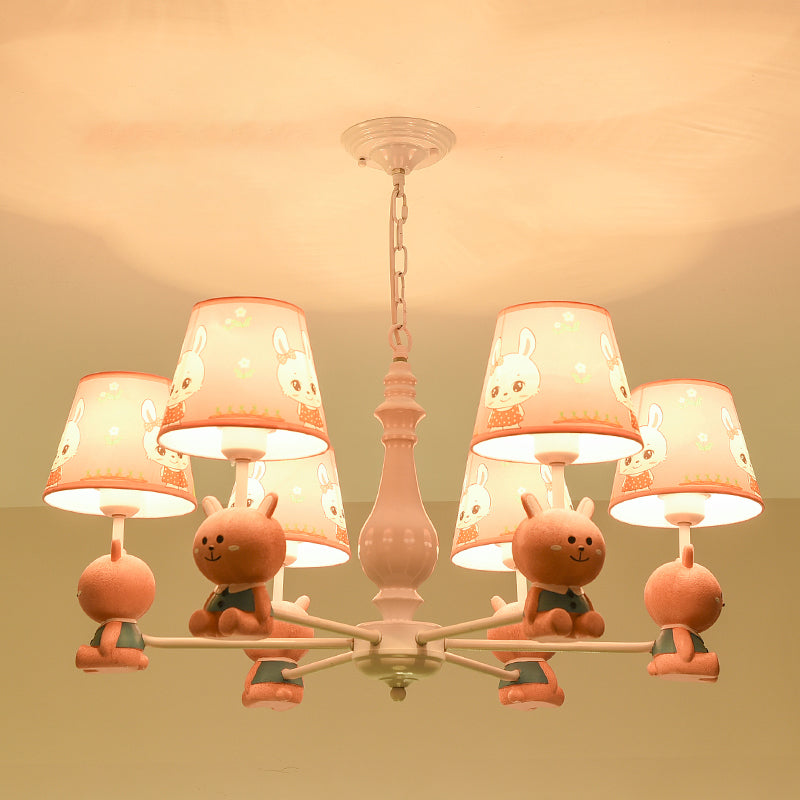 Cartoon Chandelier Lighting White Conical Suspension Light with Tapered Fabric Shade for Kids Room