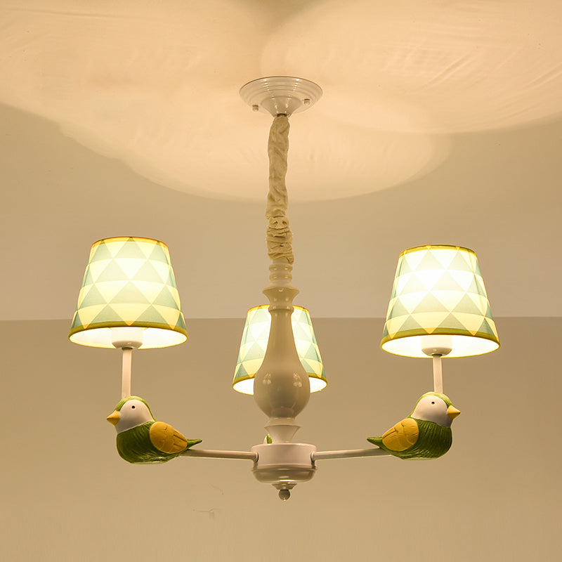 Cartoon Chandelier Lighting White Conical Suspension Light with Tapered Fabric Shade for Kids Room