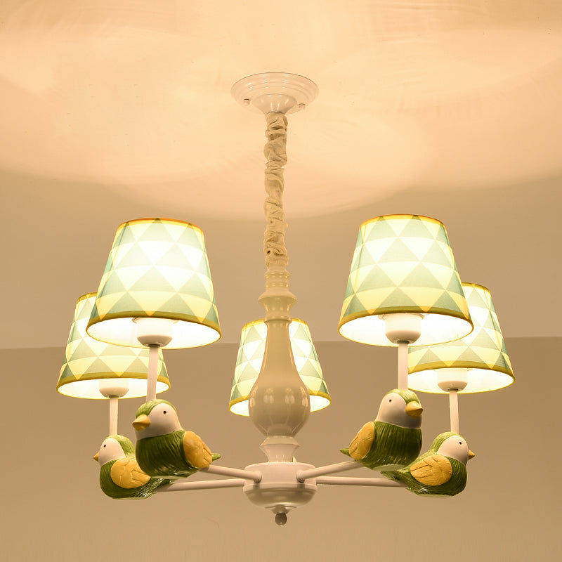 Cartoon Chandelier Lighting White Conical Suspension Light with Tapered Fabric Shade for Kids Room