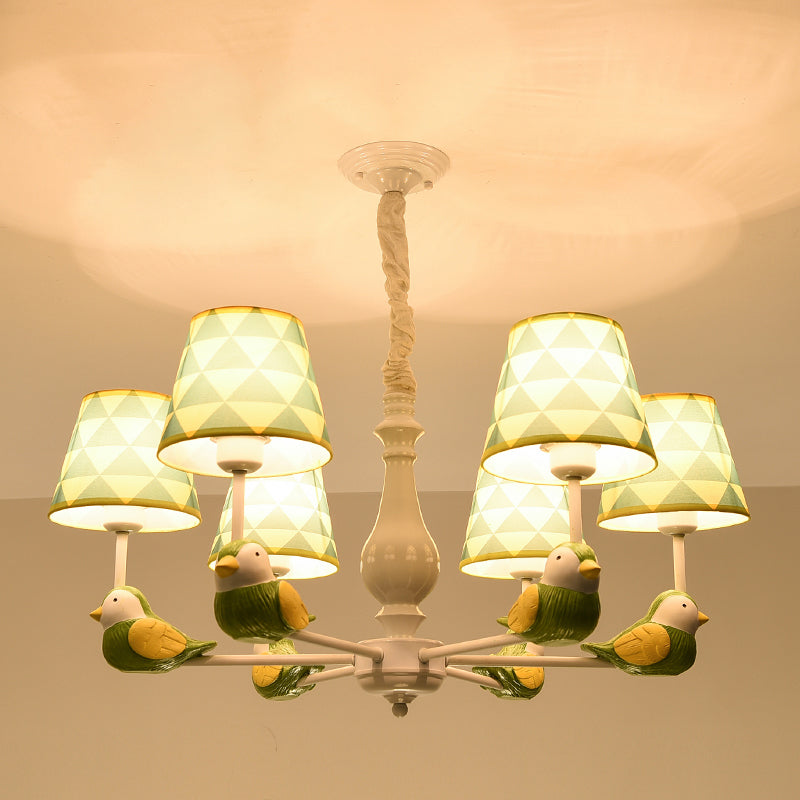 Cartoon Chandelier Lighting White Conical Suspension Light with Tapered Fabric Shade for Kids Room