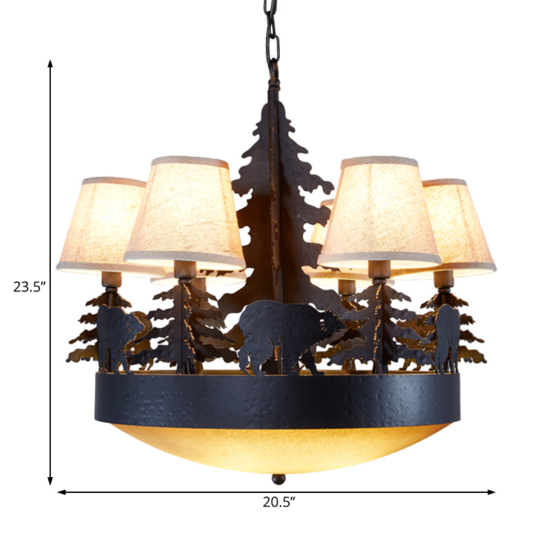 8 Bulbs Bowl Chandelier Light Country Black Opal Glass Hanging Ceiling Fixture with Cone Fabric Shade