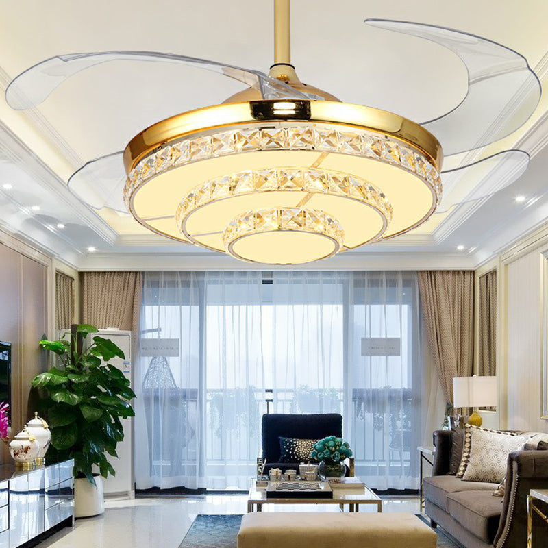 4-Blattstufte runde Schlafzimmer Hanges Lüfter Licht Kristall modernistisch LED-LED-LED-Licht in Gold, 42 "W.