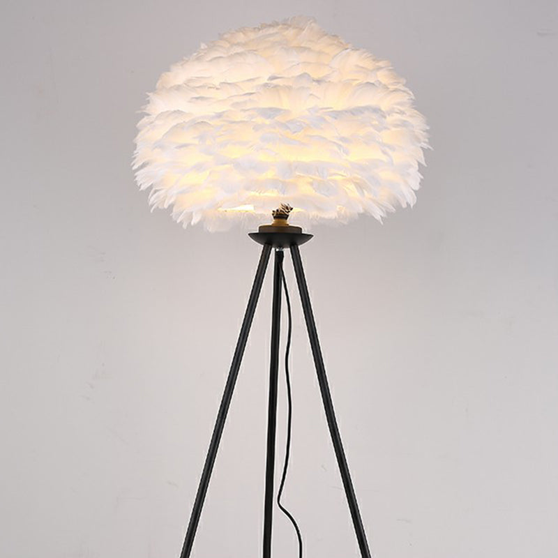 1-Light Living Room Floor Light Minimalist Black-White Stand Up Lamp with Dome Feather Shade