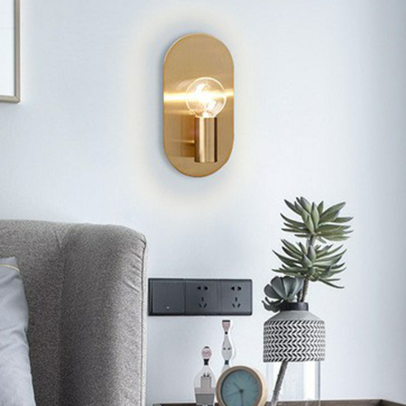 Exposed Bulb Design Sconce Light Postmodern Metal 1-Light Gold Finish Wall Light with Oval Backplate