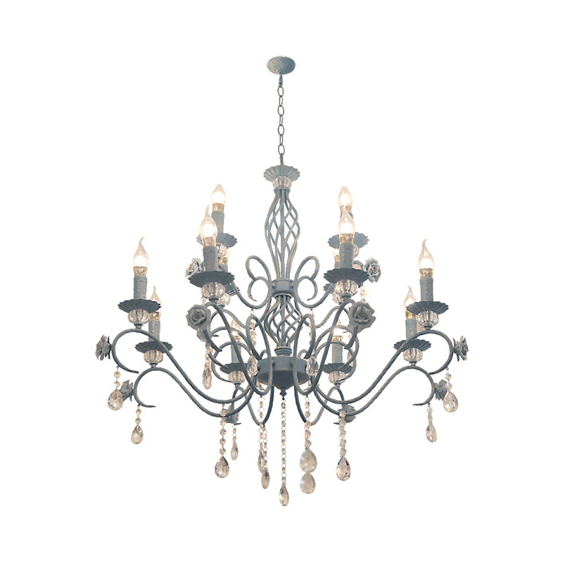 Blue Candelabra Hanging Ceiling Light Traditional Metal 12 Lights Living Room Chandelier Light with Crystal Drop