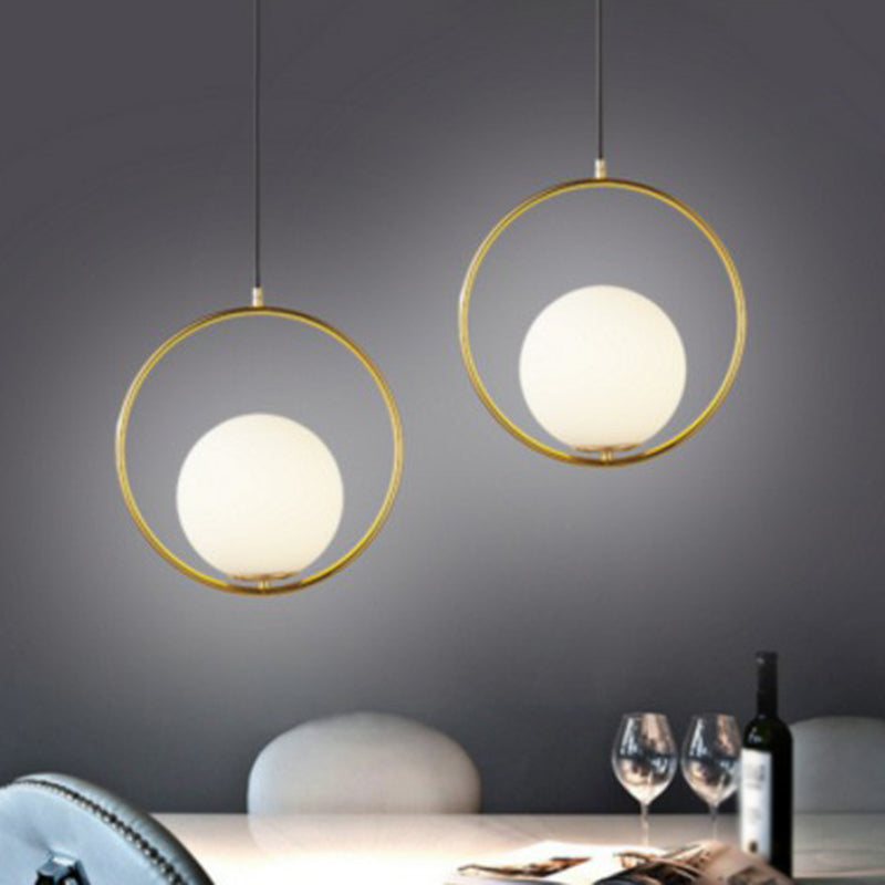 White Glass Spherical Hanging Lamp Post-Modern 1 Head Pendant Light with Metal Ring in Brass