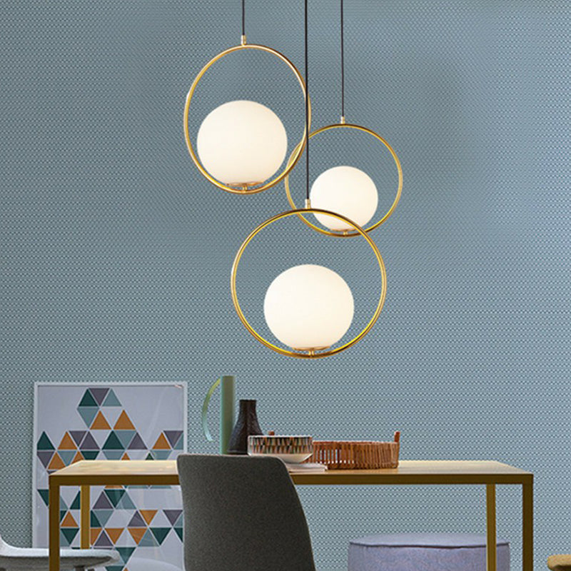 White Glass Spherical Hanging Lamp Post-Modern 1 Head Pendant Light with Metal Ring in Brass